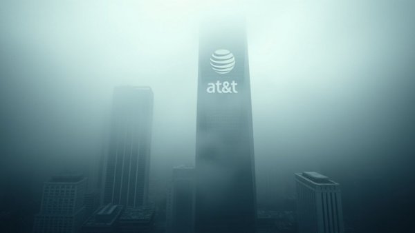 Fog-covered building with AT&T logo amid overcast skies.