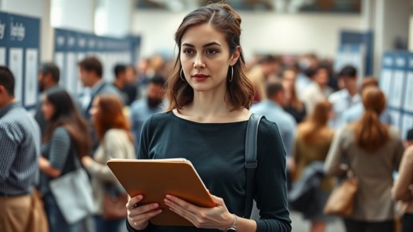 Focused woman at job fair during cautious 2026 hiring.
