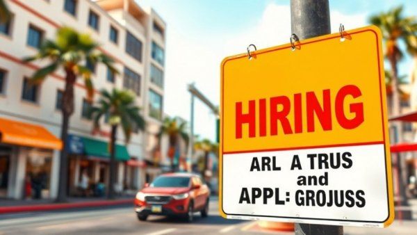 Bright hiring sign by roadside with palm trees, captures 2026 hiring outlook.