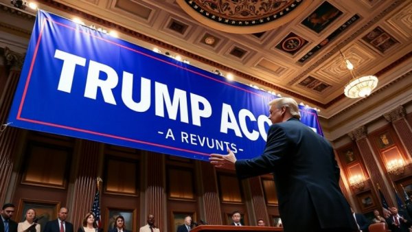 Trump Accounts presentation with banner and gesturing man.