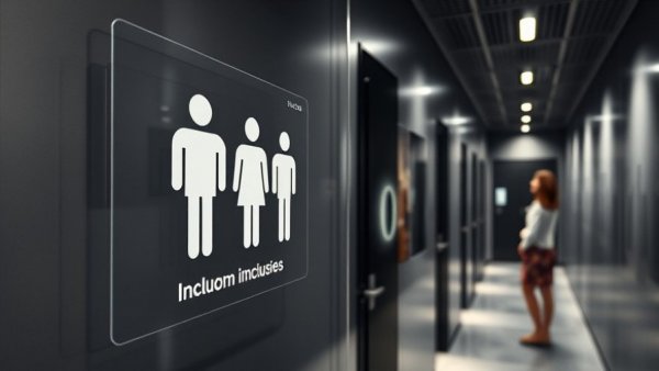 EEOC bathroom policies and inclusive sign in modern restroom setting.