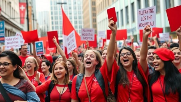 February job losses protest, energetic crowd, red attire, photorealistic.