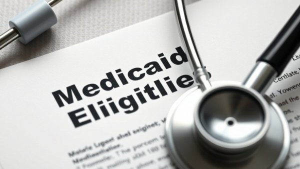 Close-up of Medicaid eligibility document with stethoscope related to work requirements impact.