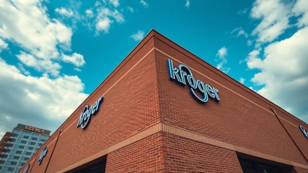 Low-angle view of Kroger building exterior under blue sky.