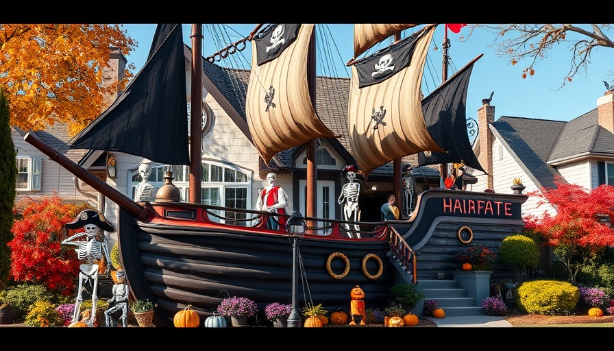 Combat veteran pirate ship Halloween house decorated with pirate props