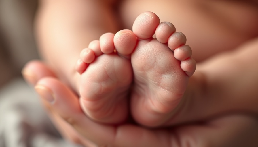 Newborn's feet gently cradled by a hand, symbolizing care.