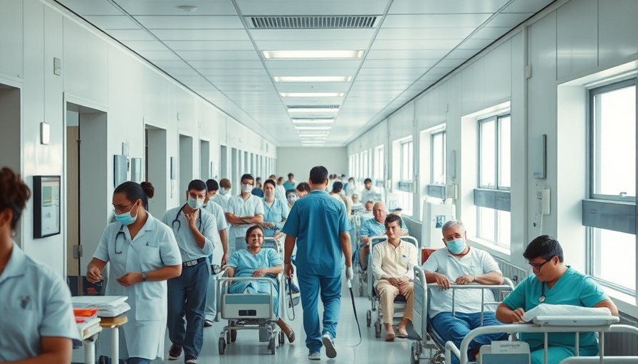 Hospital hallway crowded with patients and staff in Saskatchewan.