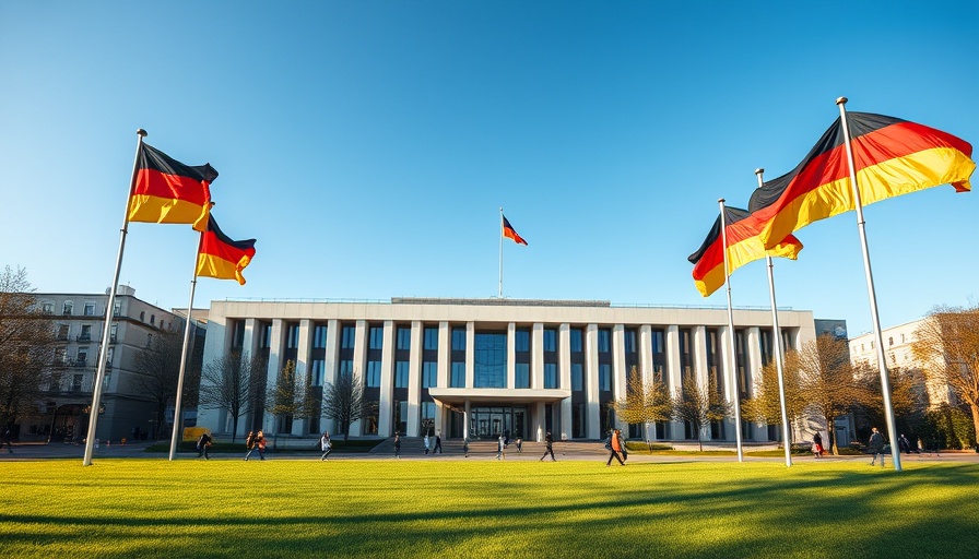 Modern German building with flags; cannabis legalization context