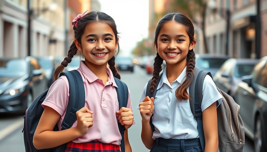 Girls smiling with backpacks outside, unrelated to hit-and-run on Interstate 10.