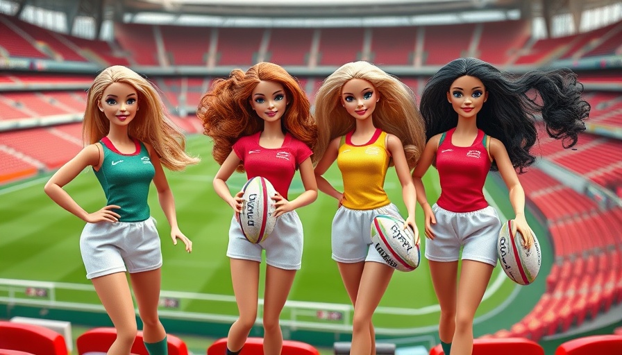 Barbie dolls styled as rugby stars in a stadium.