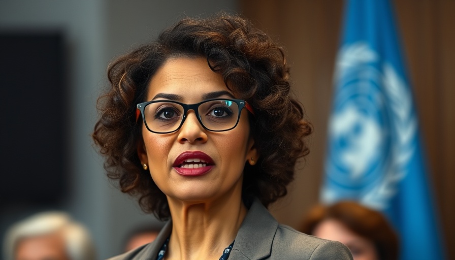 Portrait related to global treaty on plastic pollution, UN flag in background.