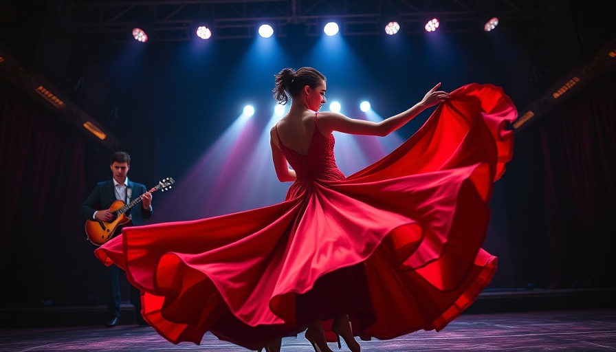 Flamenco performance with a dancer in a red dress and guitarist.