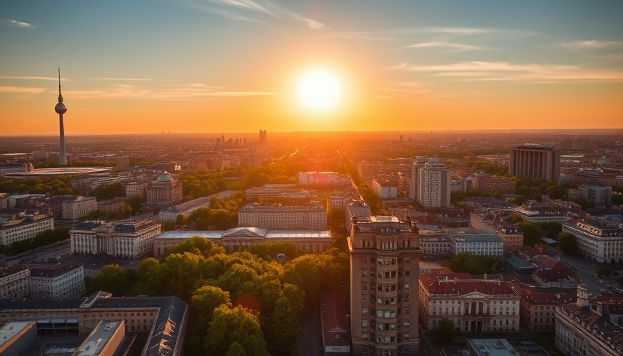 Aerial view of Berlin with sunset and Releaf text, highlighting Germany medical cannabis prescription restrictions.