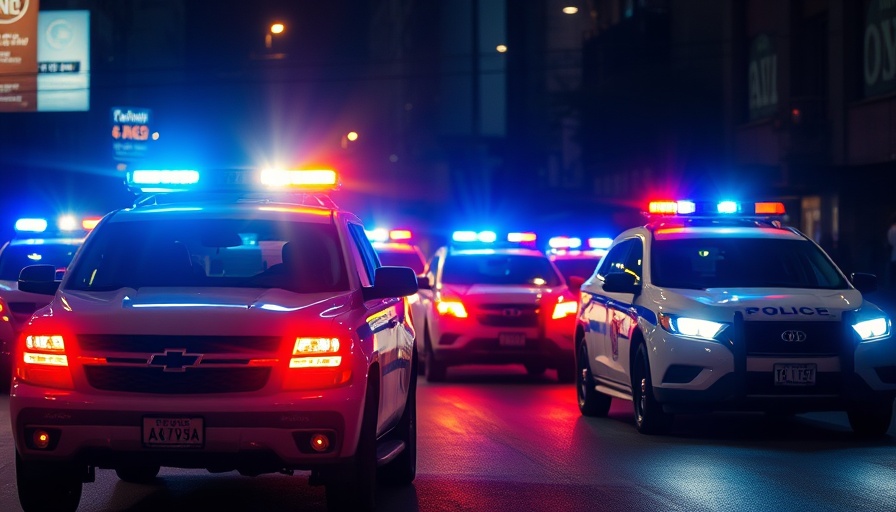 Police vehicles with flashing lights at night, urban scene, Phoenix police use of force policies.