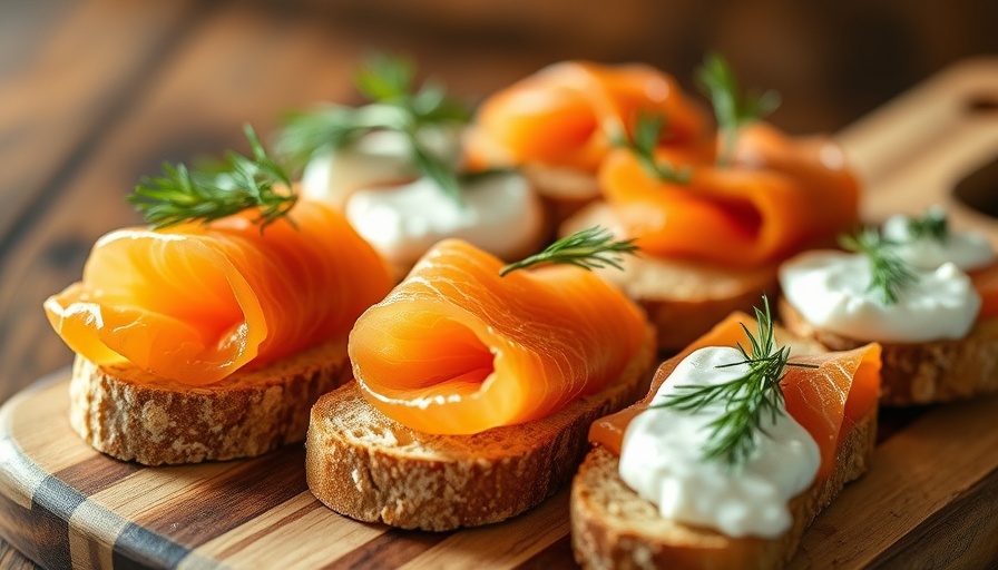 Gourmet smoked salmon appetizers on rustic bread with dill.