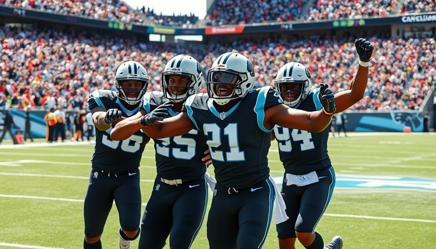 Carolina Panthers game action with players celebrating near end zone.