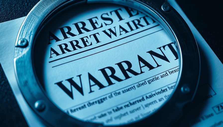 Close-up of an arrest warrant document with handcuffs, representing legal issues in Upstate SC insurance fraud.