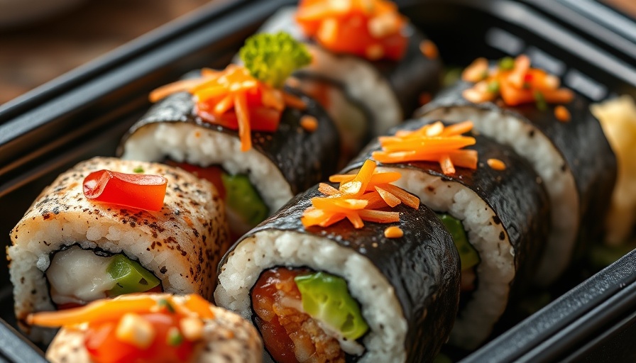 Close-up of Say Sushi X-Rated rolls in a black container.