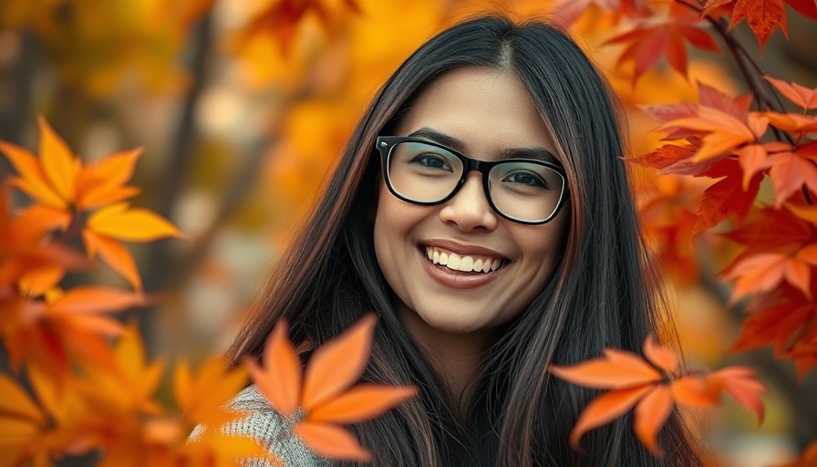 Smiling woman with glasses in autumn setting, cannabis industry news.