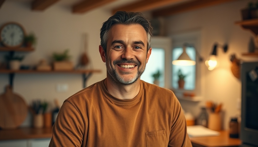 Man smiling in a cozy kitchen with text overlay, warm lighting.
