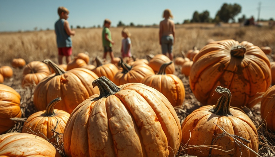 Drought-affected pumpkins in dry field with children observing impact.
