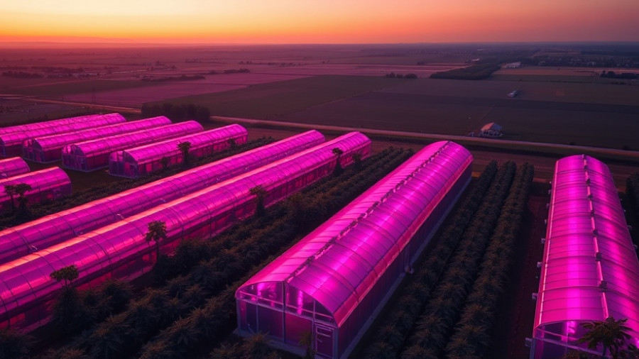 Aerial view of glowing pink cannabis greenhouses, modern agriculture in Germany.