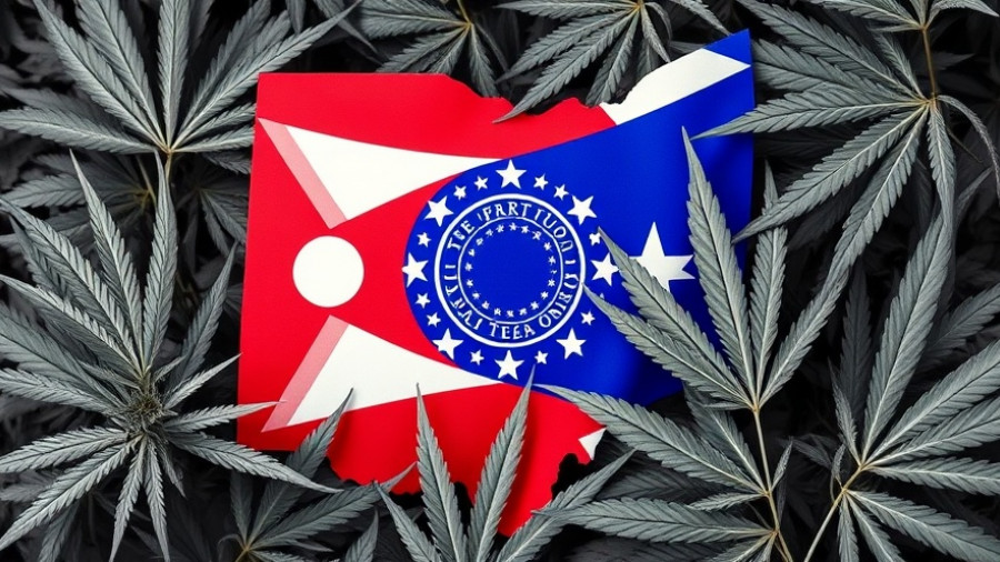 Ohio hemp ban news concept with flag and leaves.