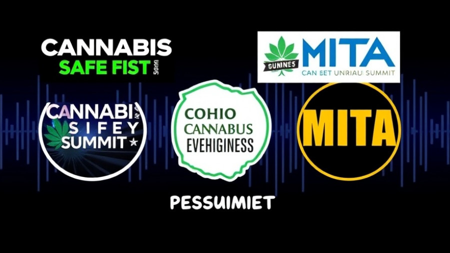 Cannabis industry podcast logos and brands on sound wave background.