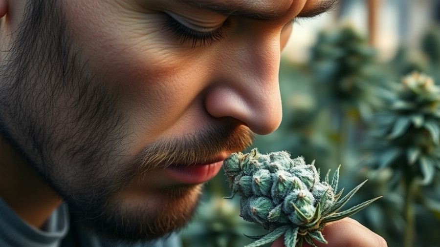 Close-up of blind testing cannabis with a man's face smelling a frosty bud.