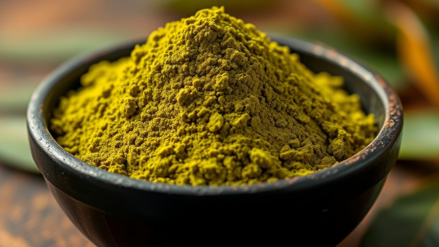Close-up of green horn kratom powder in a bowl.