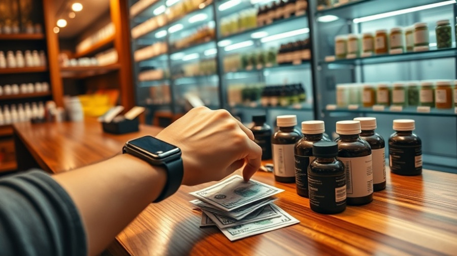 Michigan cannabis sales transaction close-up with cash and products on counter.