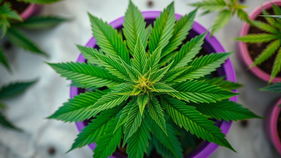 Czech cannabis industry reforms: vibrant cannabis plant in purple pot.