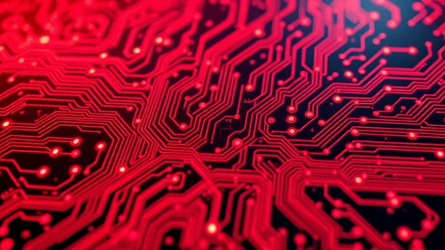 Futuristic red digital circuit board with abstract patterns and glowing design.