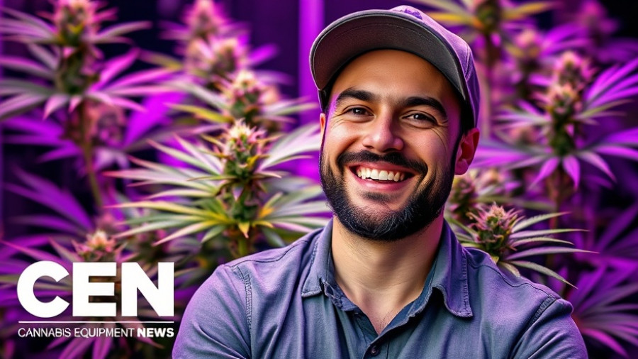 Smiling man with cannabis backdrop, highlighting cannabis quality innovation, CEN logo.