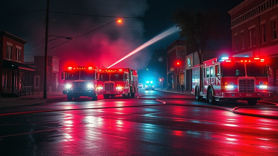 Fire trucks in Seneca, South Carolina during nighttime fire response.