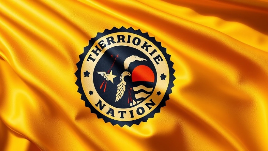 Vibrant Cherokee Nation seal on waving golden flag, legality of tribal cannabis enterprise