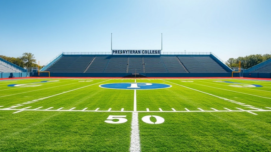 Presbyterian College logo on football field.