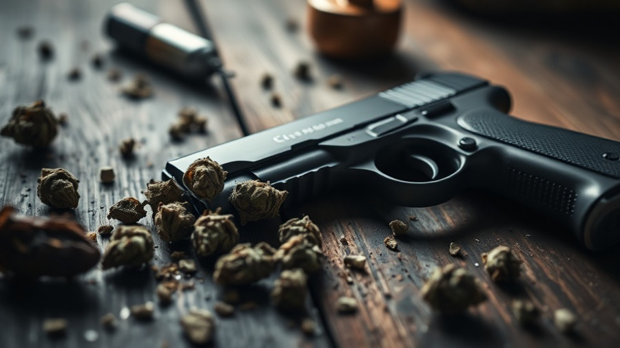 Cannabis buds and handgun on wooden table; Cannabis Legalization Enthusiasts.