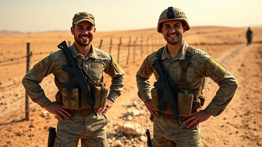 Military personnel in desert setting, smiling confidently.