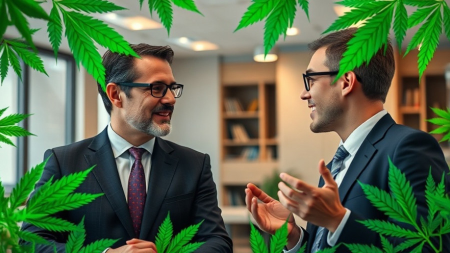 Video call discussing cannabis industry compliance with themed graphics.