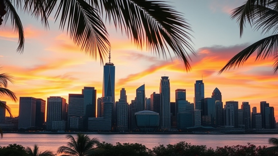 Vibrant city skyline and palm trees at sunset, cannabis industry news.