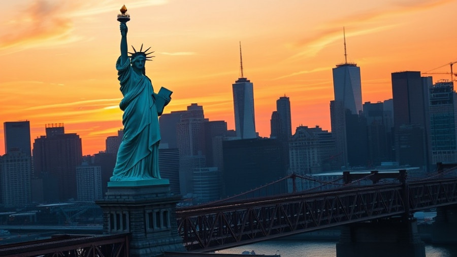 Statue of Liberty overlooking NYC skyline at sunset, cannabis industry news.