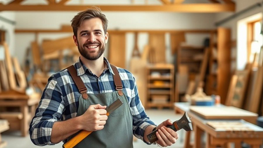 Confident young carpenter smiling in a workshop with tools.