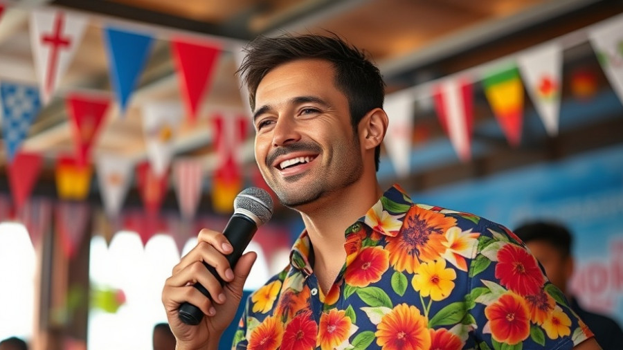 Man in floral shirt holding microphone at a casual event.