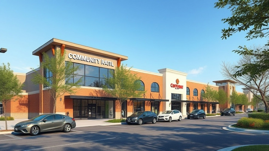 Modern community retail in Eastmark with cars and trees.