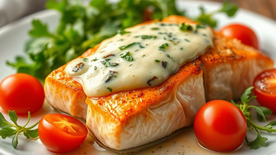 Broiled salmon with tarragon sauce and salad on white plate.