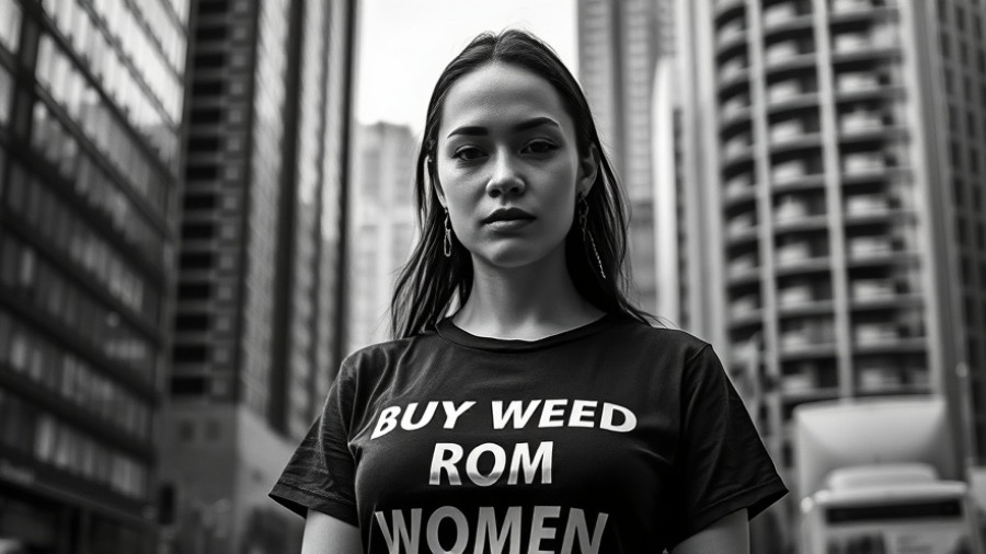 Grayscale portrait of a woman in a cityscape wearing a statement shirt.