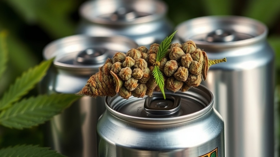 Close-up of hemp THC beverage cans with cannabis buds.