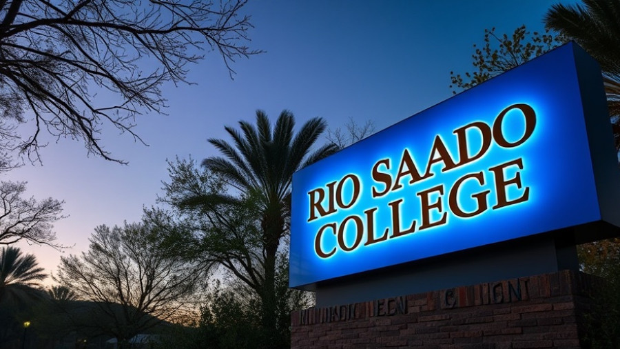 Rio Salado College sign outdoors with trees, showcasing educational environment.