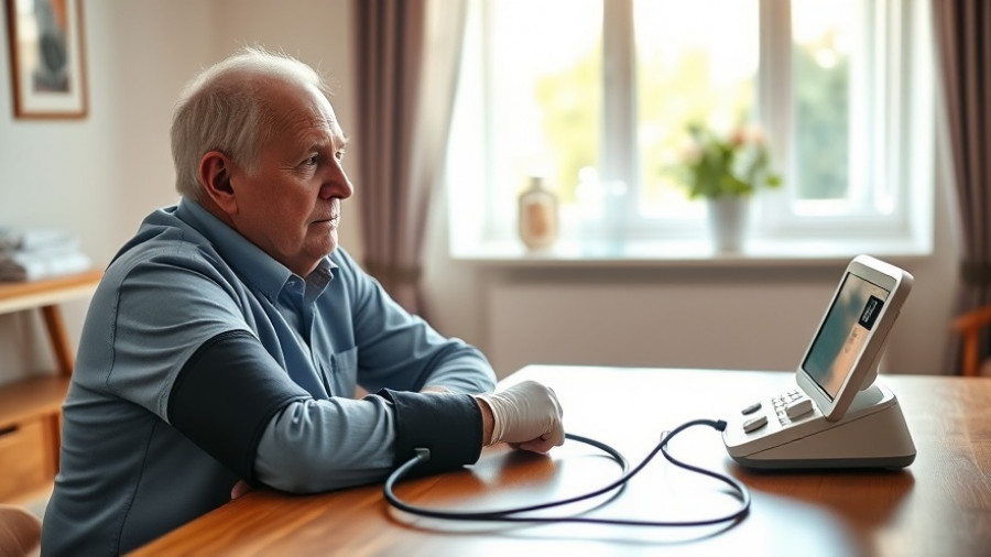 Elderly man in home healthcare setting receiving digital check-up, Preventative Healthcare Tech.